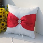 Wedding Ring Pillow Red Ribbon and Diamante Ring Stud